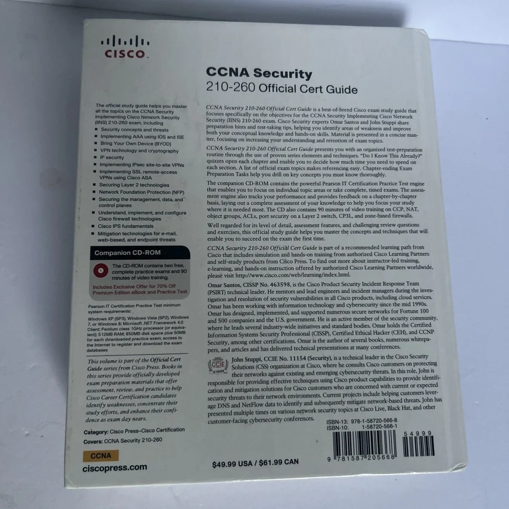CCNA Security 210-260 Official Cert Guide Omar Santos Hardcover Good